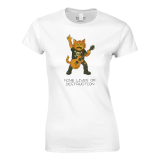 White women's crewneck T-shirt with rockstar cat illustration and Nine Lives of Destruction text