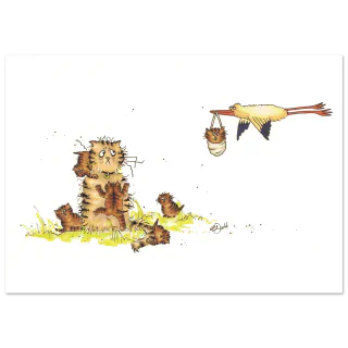 Illustration of a large tabby cat with kittens and a long-billed bird carrying a kitten