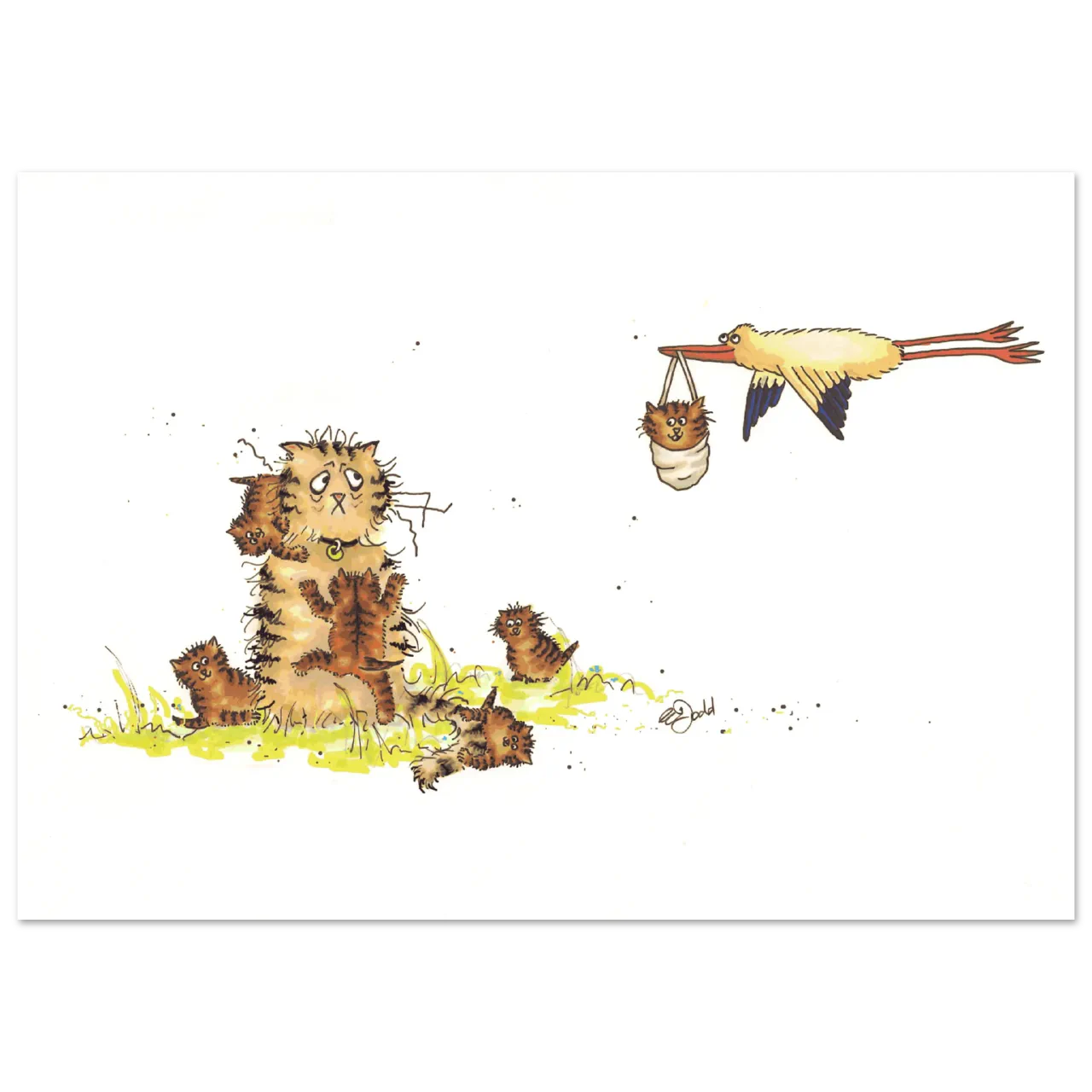 Illustration of a large tabby cat with kittens and a long-billed bird carrying a kitten