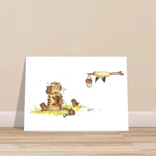Large poster print with cat mum and kittens leaning against a beige wall