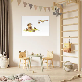 Large wall poster with cat mum and kittens above a bed