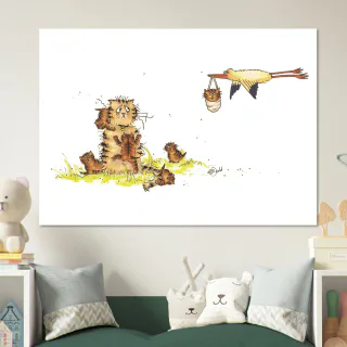 Small wall poster with cat mum and kittens beside a fabric play tent