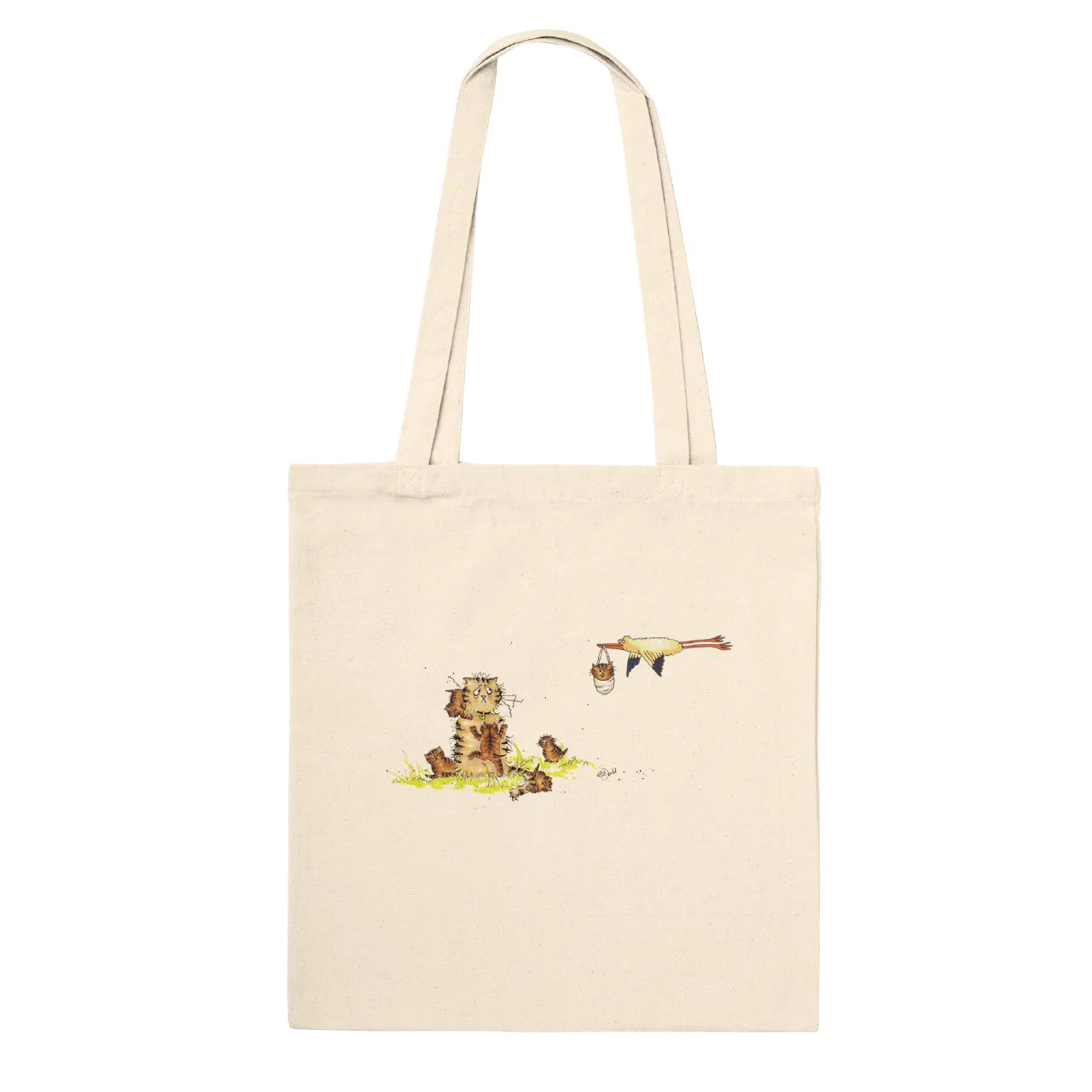 Natural tote bag with with a worried cat mum, small kittens, and a stork carrying one kitten overhead design
