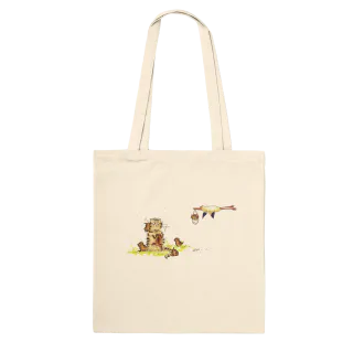 Natural tote bag with with a worried cat mum, small kittens, and a stork carrying one kitten overhead design