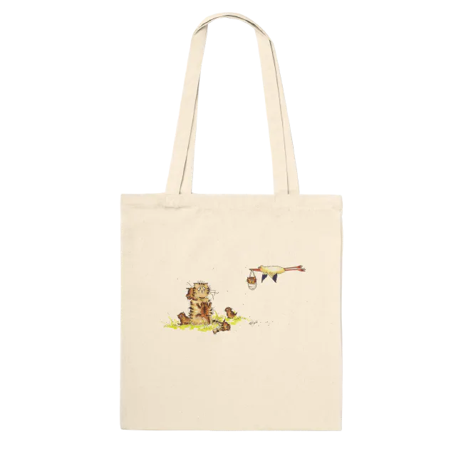 Natural tote bag with with a worried cat mum, small kittens, and a stork carrying one kitten overhead design