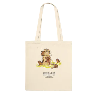 Natural tote bag back side showing logo and cat picture.