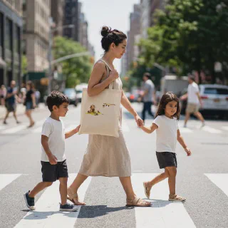 Street style photo of a mum with her kids walking across a sunny crosswalk.