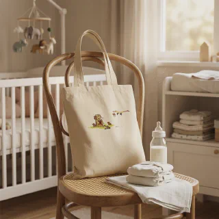 A tote bag rests on a chair in a cozy nursery.