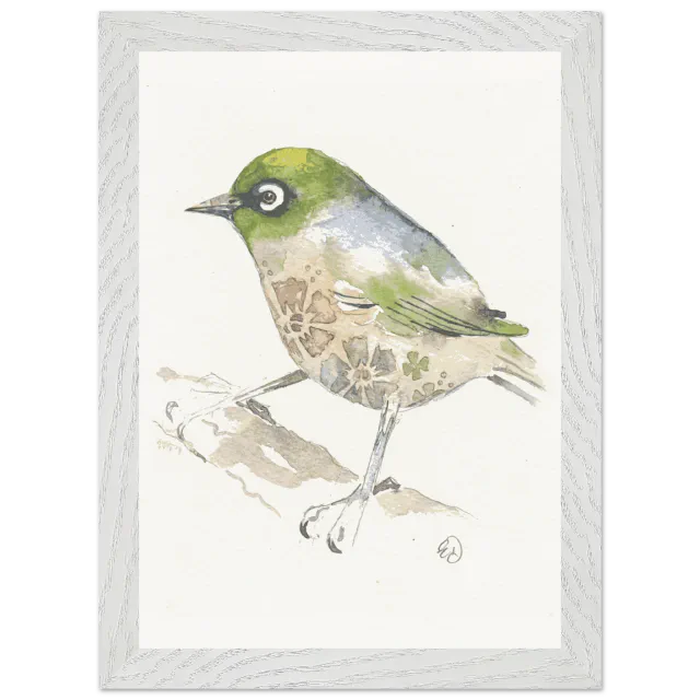 White framed print with a watercolour tauhou