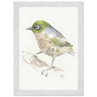 White framed print with a watercolour tauhou