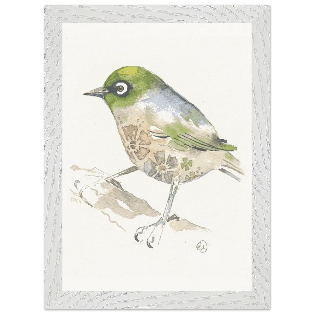 White framed print with a watercolour tauhou