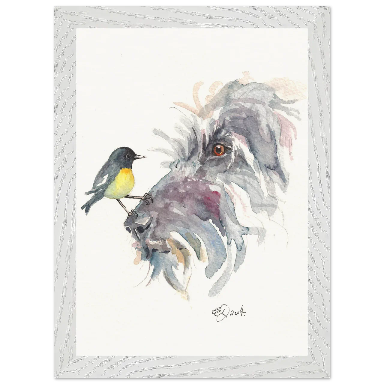 White framed print with a tomtit on a wolfhound's nose