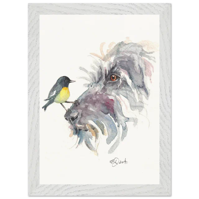 White framed print with a tomtit on a wolfhound's nose