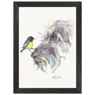 Black framed print with a tomtit on a wolfhound's nose