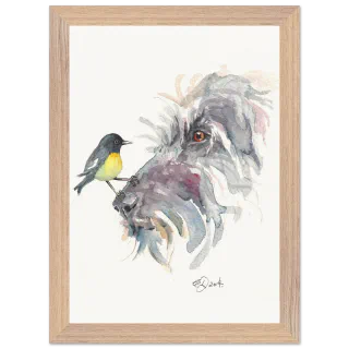 Wood framed print with a tomtit on a wolfhound's nose