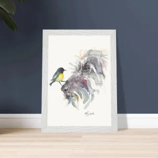 Framed print with a tomtit on a wolfhound's nose