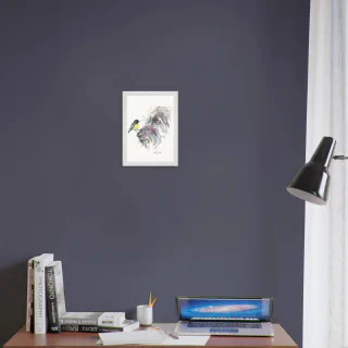 Framed print with a tomtit on a wolfhound's nose