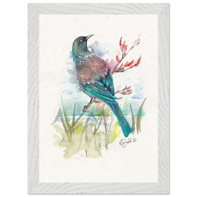 White framed print with a watercolour tui