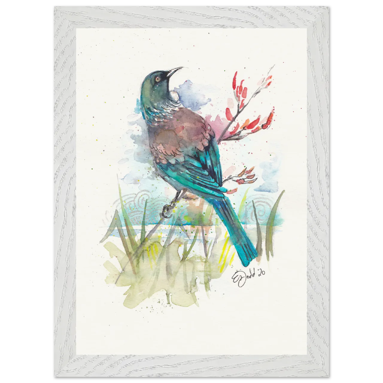 White framed print with a watercolour tui