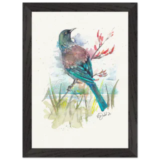 Black framed print with a watercolour tui