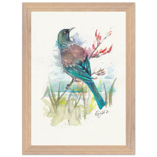 Wood framed print with a watercolour tui
