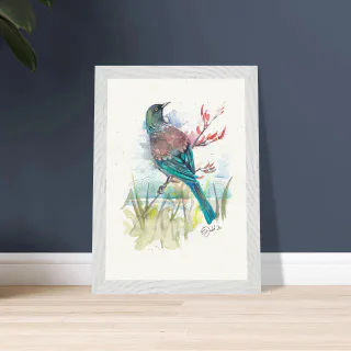 Framed print with a watercolour tui