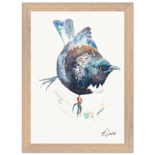 Wood framed print with a watercolour tūī