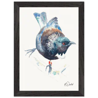 Black framed print with a watercolour tūī