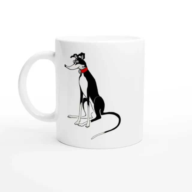 White ceramic mug with a black and white greyhound illustration wearing a red collar