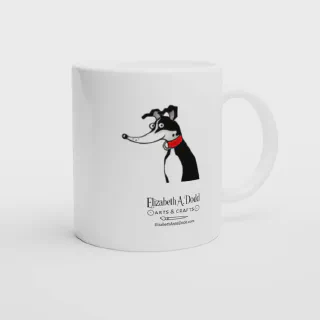 White ceramic mug with greyhound illustration on one side and logo on the other