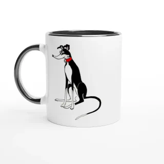 White ceramic mug with black rim, handle and interior and with a black and white greyhound illustration wearing a red collar