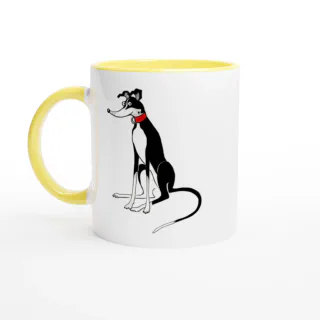 White ceramic mug with yellow rim, handle and interior and with a black and white greyhound illustration wearing a red collar