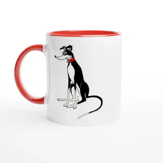 White ceramic mug with red rim, handle and interior and with a black and white greyhound illustration wearing a red collar