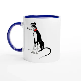 White ceramic mug with blue rim, handle and interior and with a black and white greyhound illustration wearing a red collar