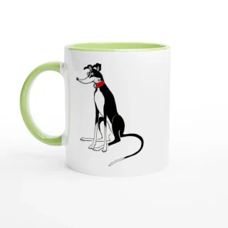 White ceramic mug with green rim, handle and interior and with a black and white greyhound illustration wearing a red collar