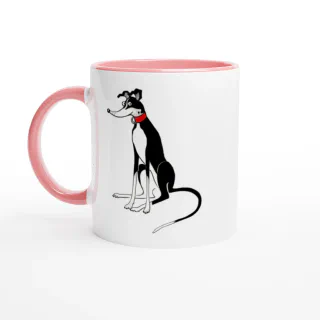 White ceramic mug with pink rim, handle and interior and with a black and white greyhound illustration wearing a red collar