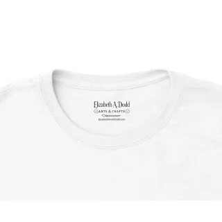 Close-up of white T-shirt collar with Elizabeth A. Dodd label