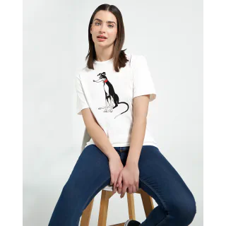 Model wearing white T-shirt with black-and-white greyhound design