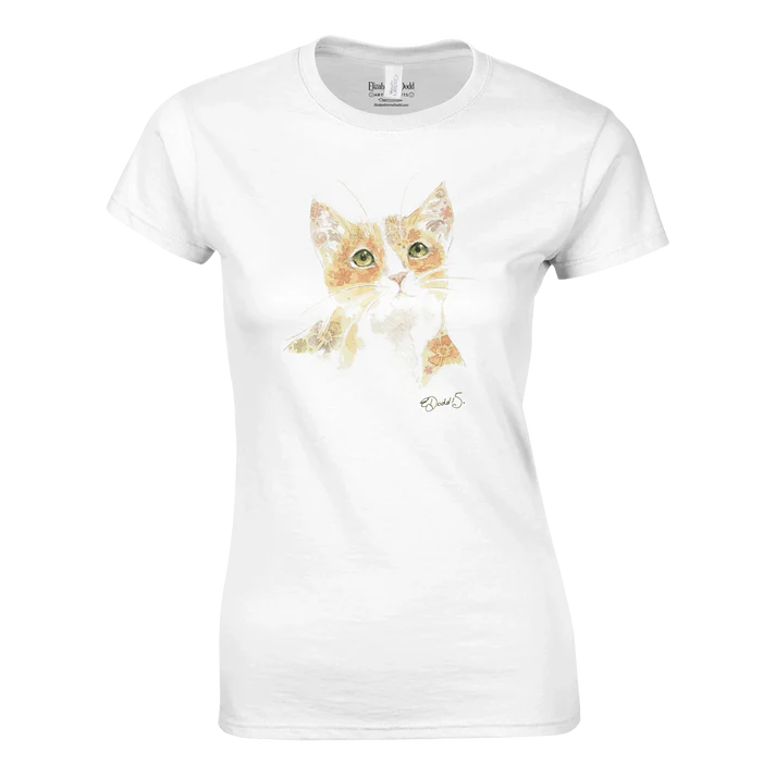 Women’s crewneck T-shirt with a watercolor floral cat design