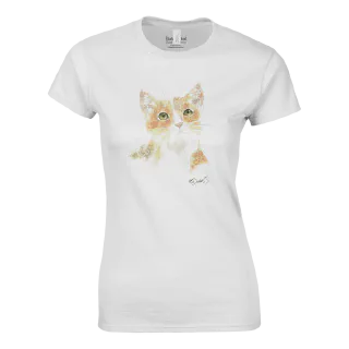 Women’s crewneck T-shirt with a watercolor floral cat design