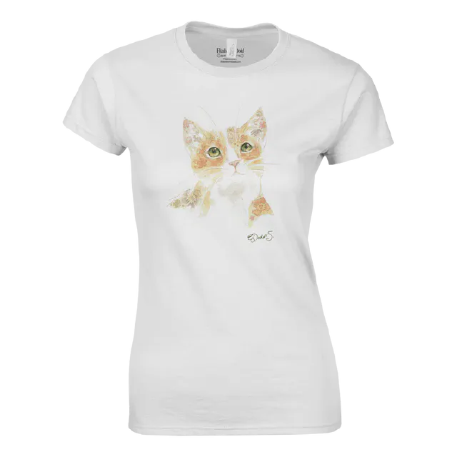 Women’s crewneck T-shirt with a watercolor floral cat design