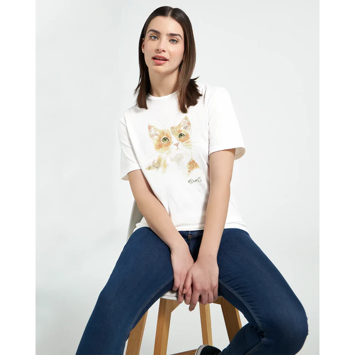 Women’s crewneck T-shirt with a watercolor floral cat design